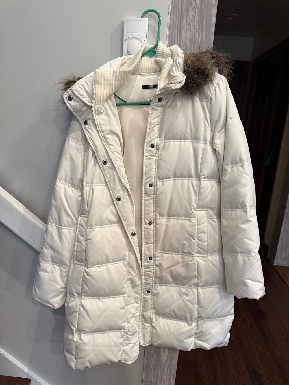 Women's Cream Puffer Coat with Faux-Fur Trim